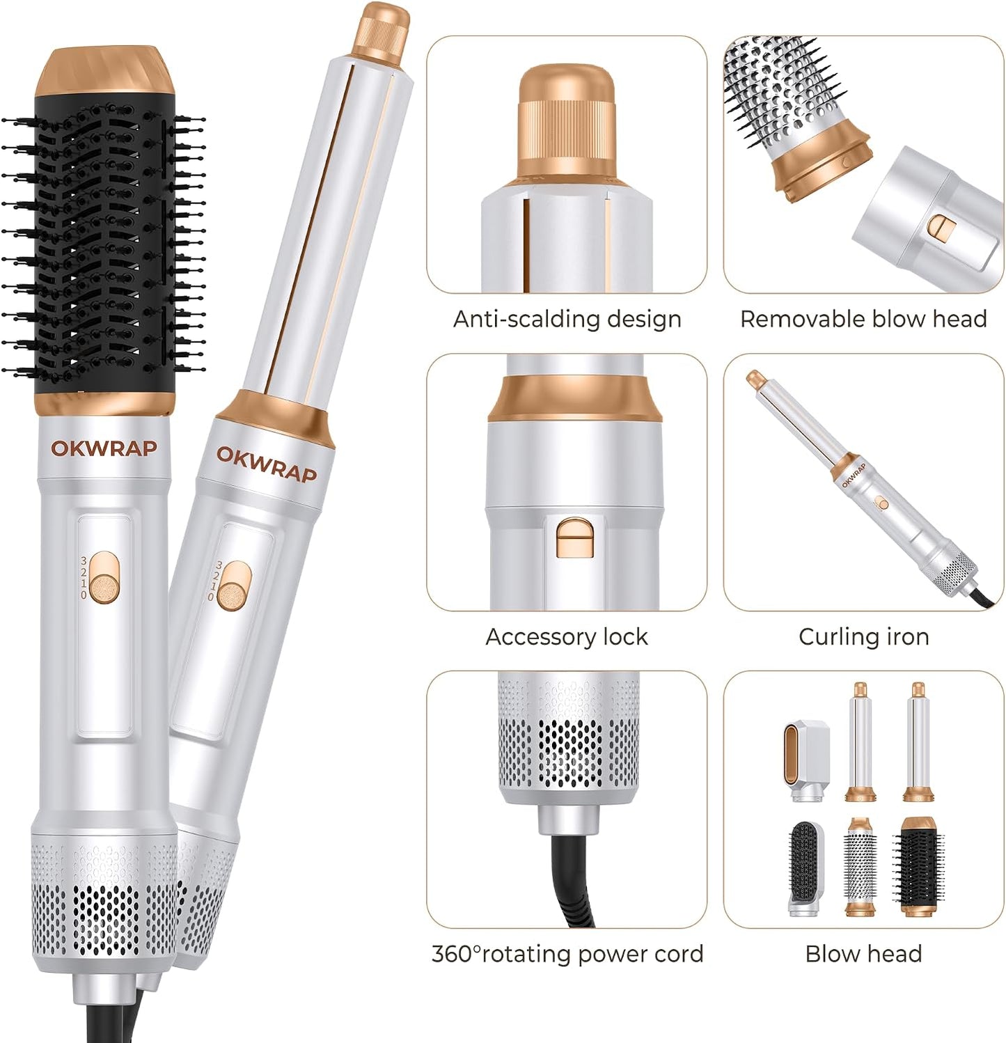 6 in ONE Blow Dryer Brush, Curling Wand Hair Styling Tools Set, Ionic Hot Air Hair Dryer, Massage Oval Hair Dryer, Left&Right Hair Curlers 100-120V