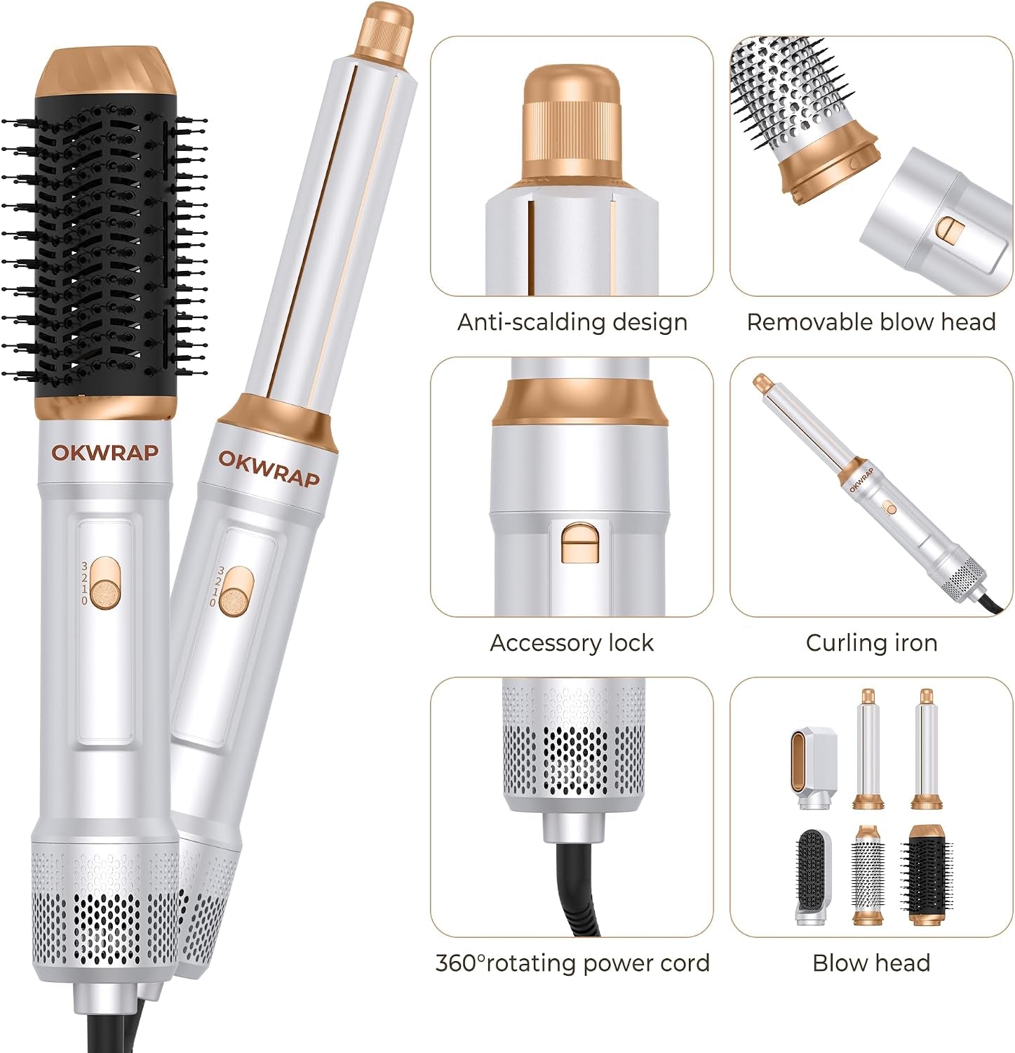 6 in ONE Blow Dryer Brush, Curling Wand Hair Styling Tools Set, Ionic Hot Air Hair Dryer, Massage Oval Hair Dryer, Left&Right Hair Curlers 100-120V