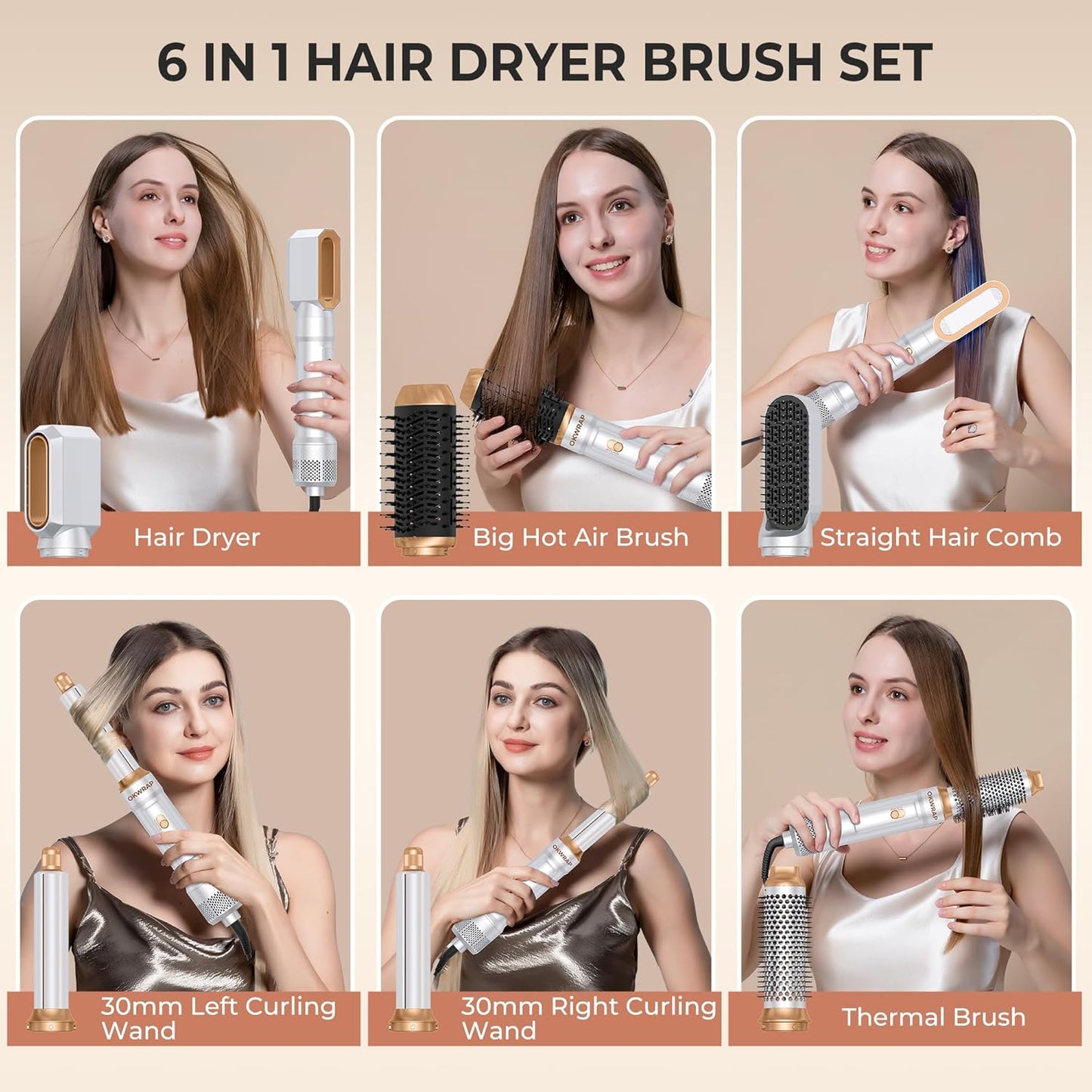 6 in ONE Blow Dryer Brush, Curling Wand Hair Styling Tools Set, Ionic Hot Air Hair Dryer, Massage Oval Hair Dryer, Left&Right Hair Curlers 100-120V